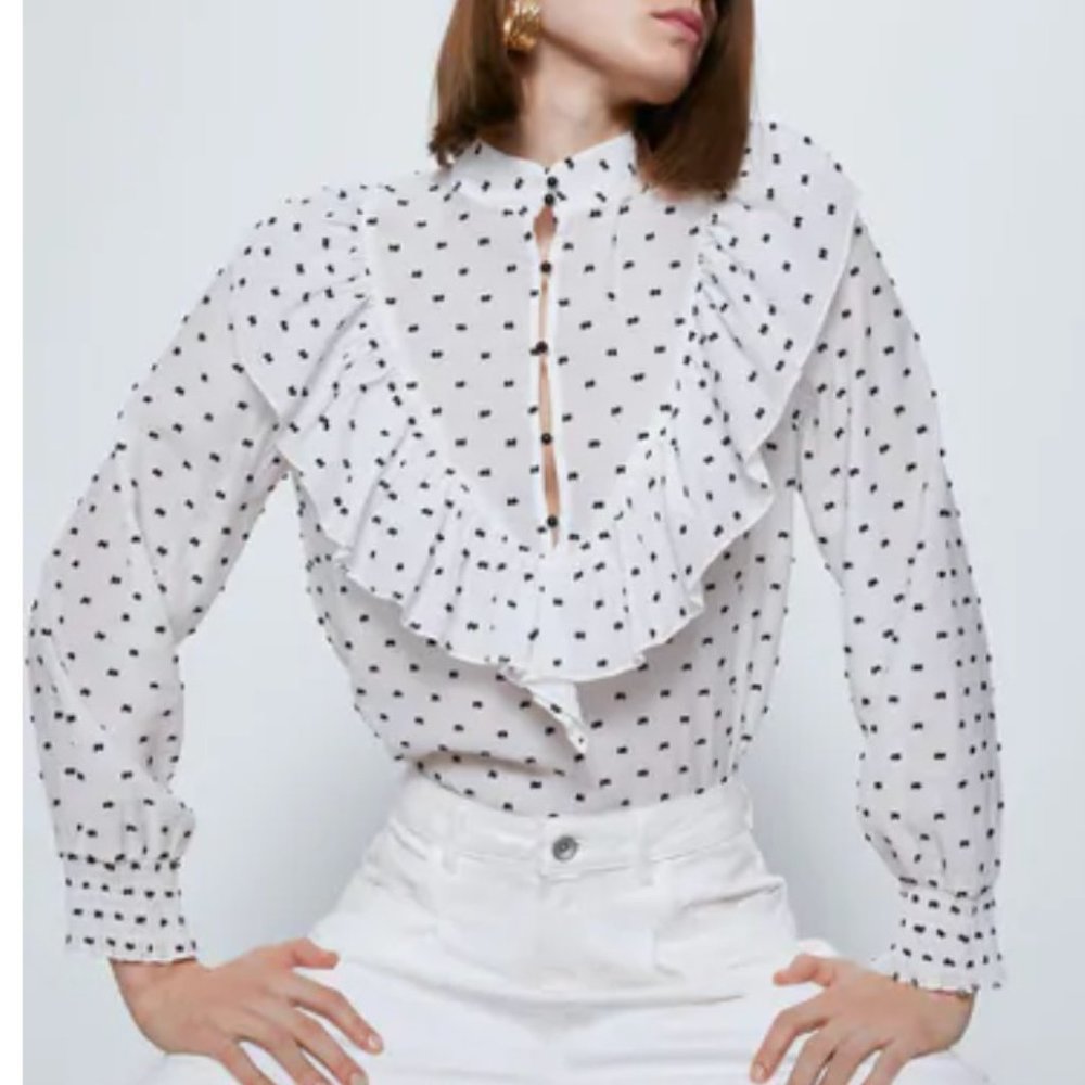 Zara Women Ruffled dotted mesh blouse 3564/060